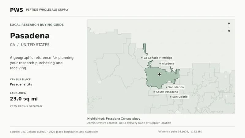 Map of the Pasadena city Census place boundary in CA, with nearby Census places for receiving-address planning.