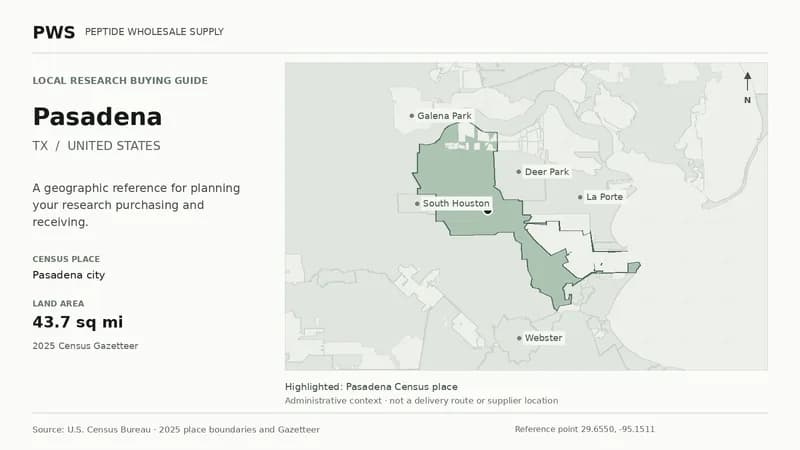 Map of the Pasadena city Census place boundary in TX, with nearby Census places for receiving-address planning.