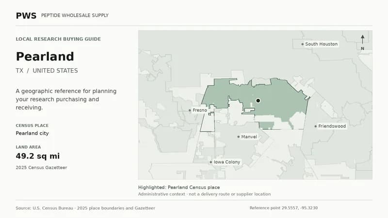 Map of the Pearland city Census place boundary in TX, with nearby Census places for receiving-address planning.