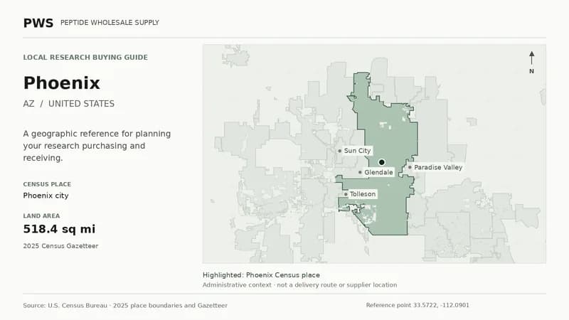Map of the Phoenix city Census place boundary in AZ, with nearby Census places for receiving-address planning.