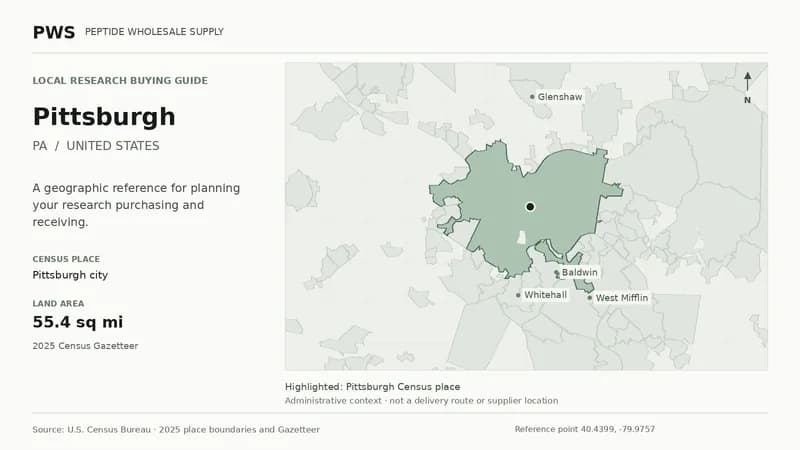 Map of the Pittsburgh city Census place boundary in PA, with nearby Census places for receiving-address planning.