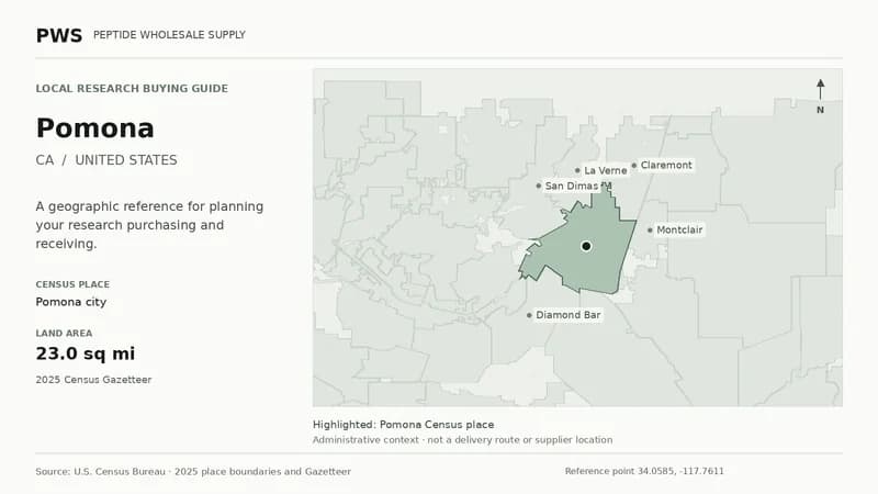 Map of the Pomona city Census place boundary in CA, with nearby Census places for receiving-address planning.