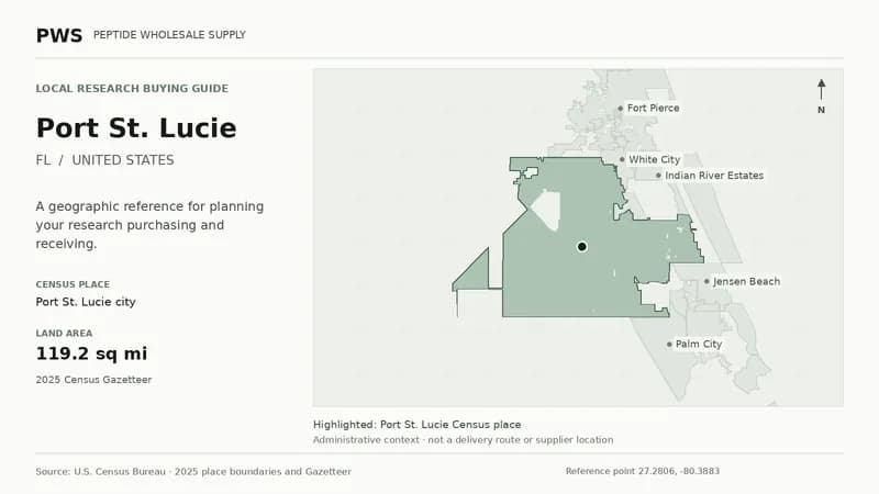 Map of the Port St. Lucie city Census place boundary in FL, with nearby Census places for receiving-address planning.
