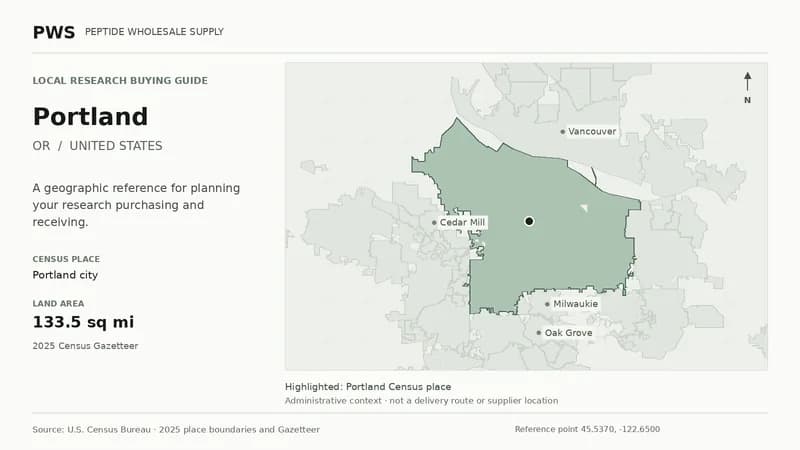 Map of the Portland city Census place boundary in OR, with nearby Census places for receiving-address planning.