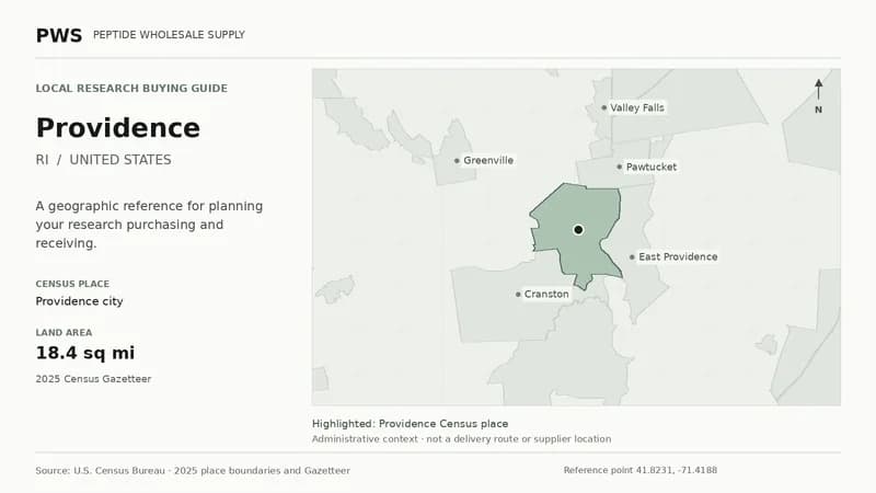 Map of the Providence city Census place boundary in RI, with nearby Census places for receiving-address planning.