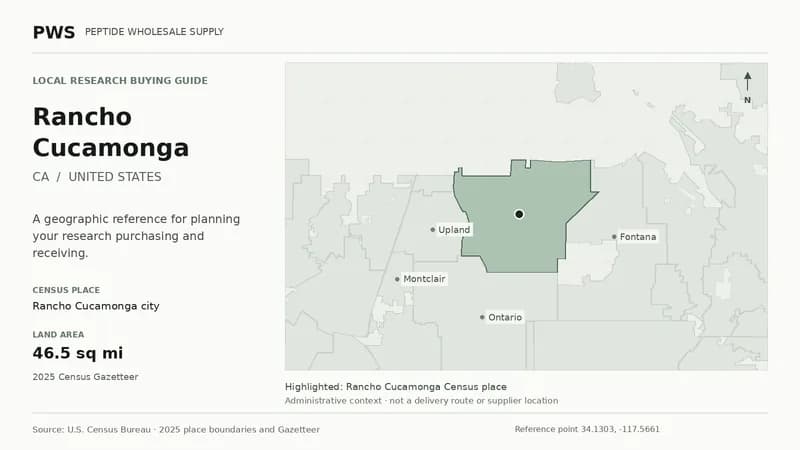 Map of the Rancho Cucamonga city Census place boundary in CA, with nearby Census places for receiving-address planning.