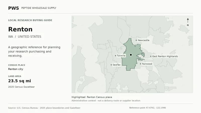 Map of the Renton city Census place boundary in WA, with nearby Census places for receiving-address planning.
