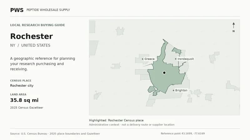 Map of the Rochester city Census place boundary in NY, with nearby Census places for receiving-address planning.