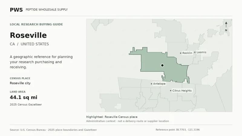 Map of the Roseville city Census place boundary in CA, with nearby Census places for receiving-address planning.