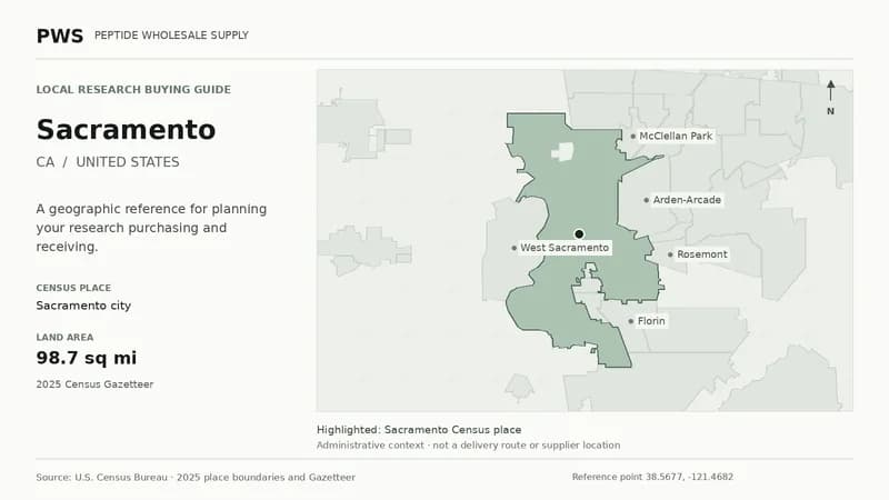 Map of the Sacramento city Census place boundary in CA, with nearby Census places for receiving-address planning.