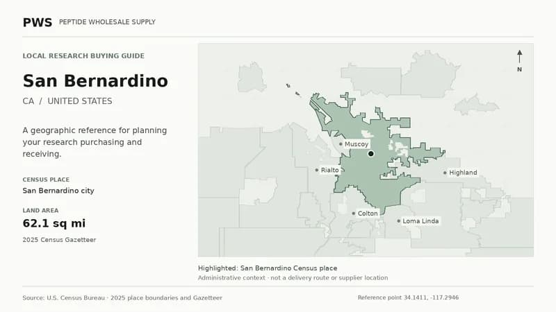 Map of the San Bernardino city Census place boundary in CA, with nearby Census places for receiving-address planning.