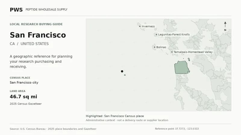 Map of the San Francisco city Census place boundary in CA, with nearby Census places for receiving-address planning.
