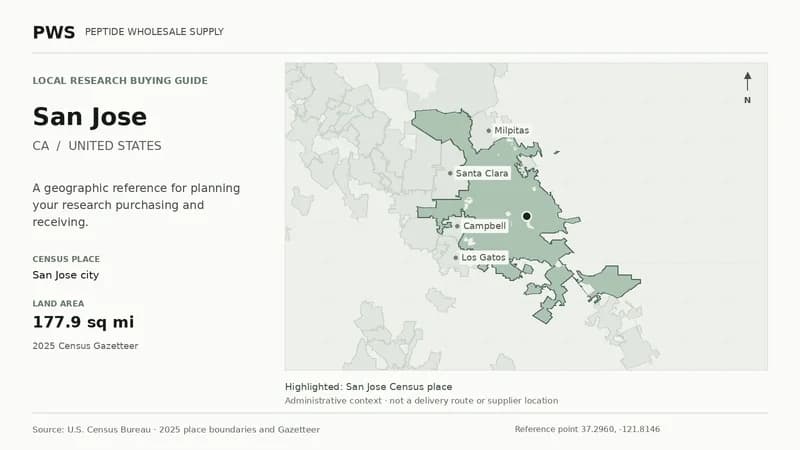 Map of the San Jose city Census place boundary in CA, with nearby Census places for receiving-address planning.
