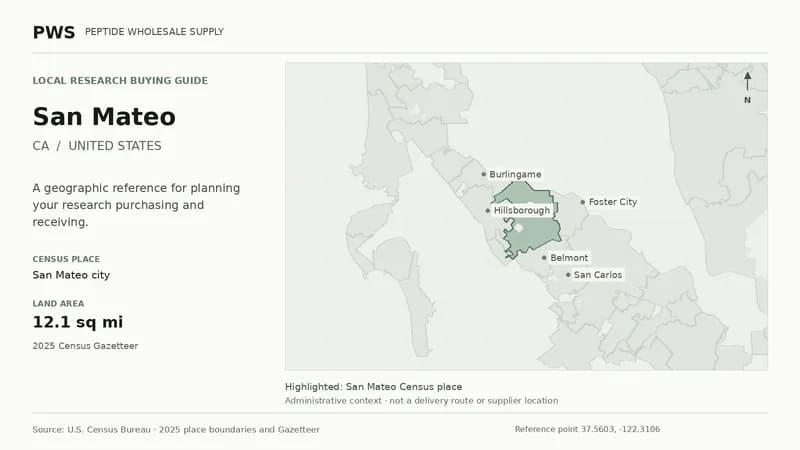 Map of the San Mateo city Census place boundary in CA, with nearby Census places for receiving-address planning.