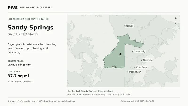 Map of the Sandy Springs city Census place boundary in GA, with nearby Census places for receiving-address planning.