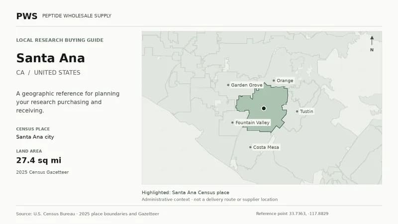 Map of the Santa Ana city Census place boundary in CA, with nearby Census places for receiving-address planning.