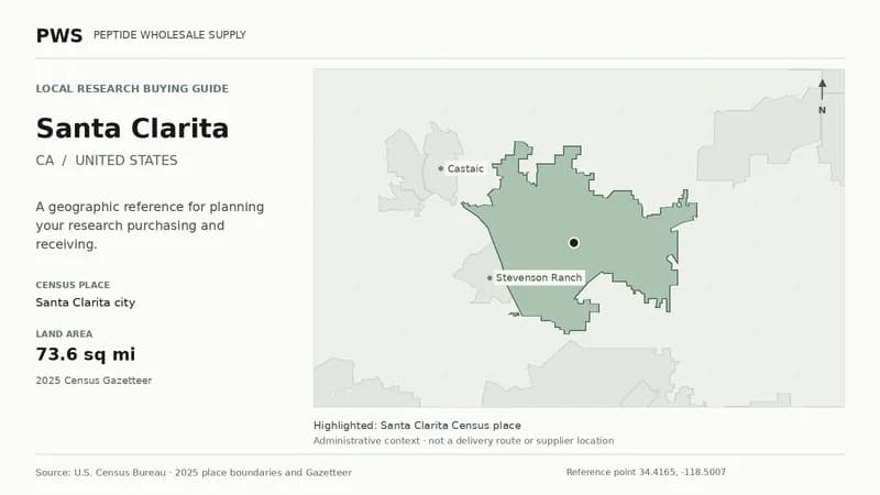 Map of the Santa Clarita city Census place boundary in CA, with nearby Census places for receiving-address planning.