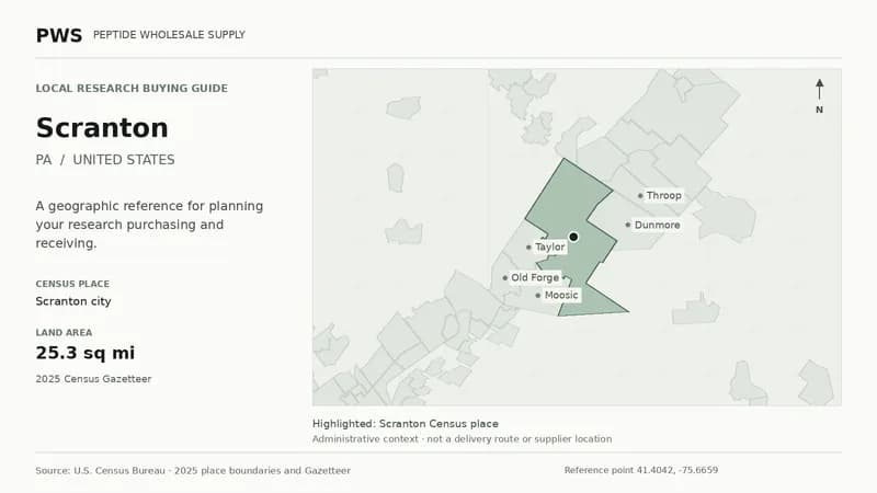 Map of the Scranton city Census place boundary in PA, with nearby Census places for receiving-address planning.