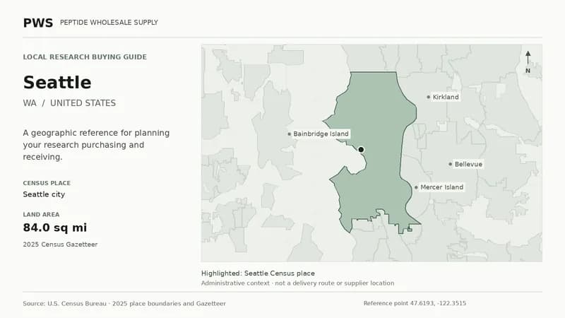 Map of the Seattle city Census place boundary in WA, with nearby Census places for receiving-address planning.
