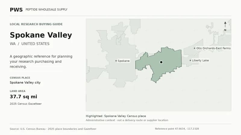 Map of the Spokane Valley city Census place boundary in WA, with nearby Census places for receiving-address planning.