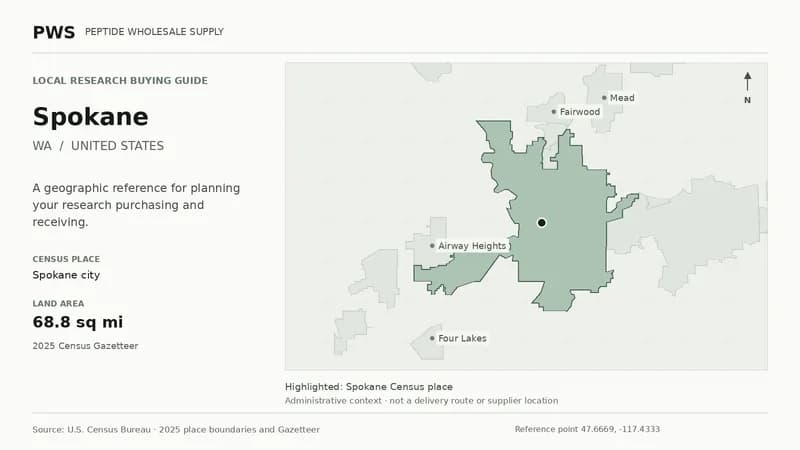 Map of the Spokane city Census place boundary in WA, with nearby Census places for receiving-address planning.