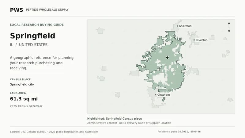 Map of the Springfield city Census place boundary in IL, with nearby Census places for receiving-address planning.