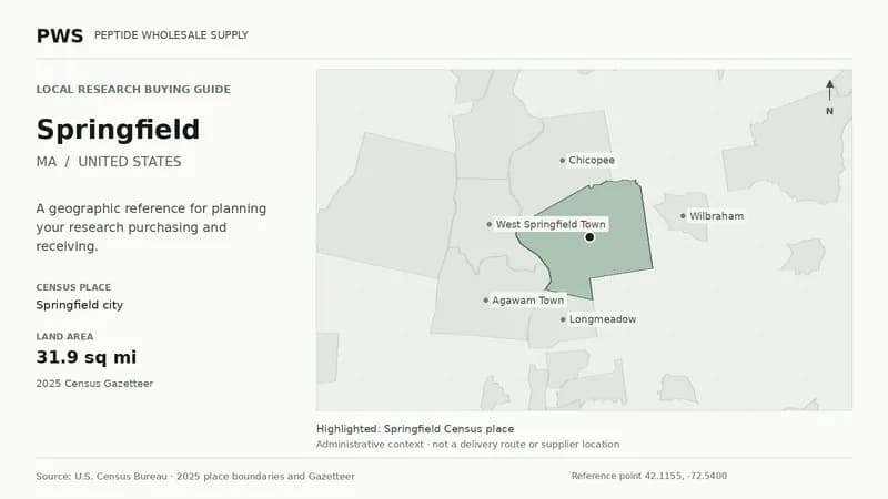 Map of the Springfield city Census place boundary in MA, with nearby Census places for receiving-address planning.
