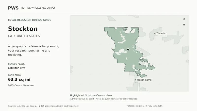 Map of the Stockton city Census place boundary in CA, with nearby Census places for receiving-address planning.