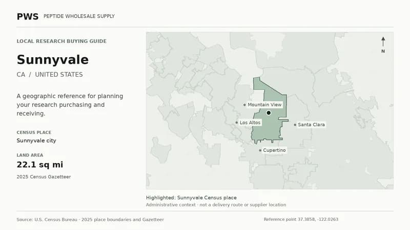 Map of the Sunnyvale city Census place boundary in CA, with nearby Census places for receiving-address planning.