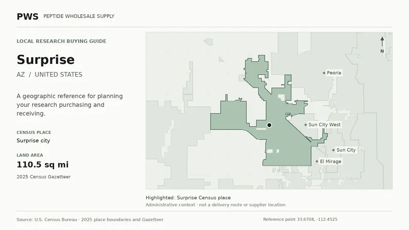 Map of the Surprise city Census place boundary in AZ, with nearby Census places for receiving-address planning.