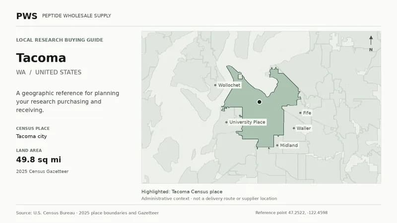 Map of the Tacoma city Census place boundary in WA, with nearby Census places for receiving-address planning.