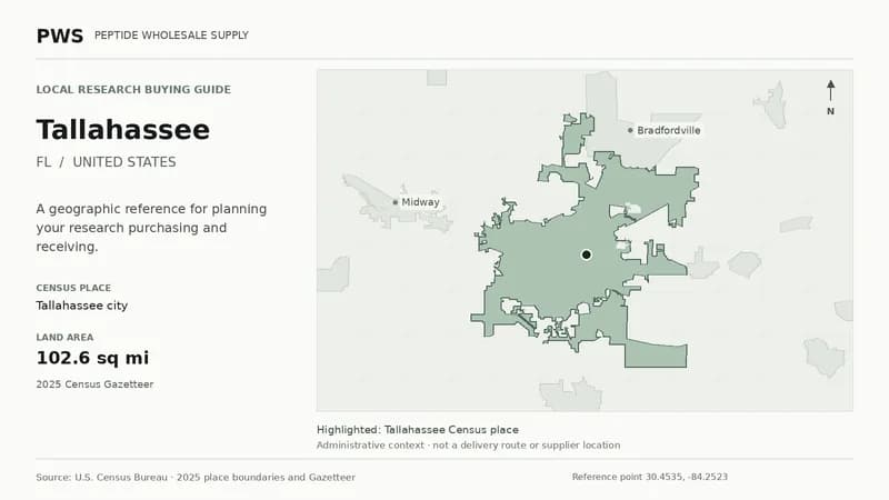 Map of the Tallahassee city Census place boundary in FL, with nearby Census places for receiving-address planning.