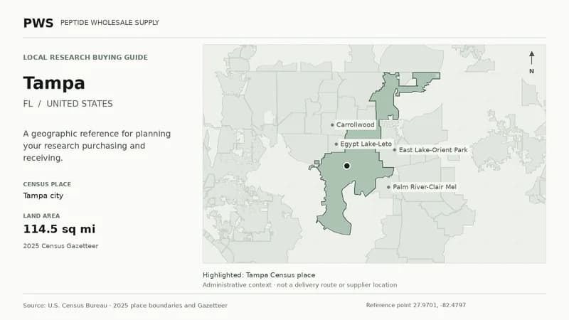 Map of the Tampa city Census place boundary in FL, with nearby Census places for receiving-address planning.