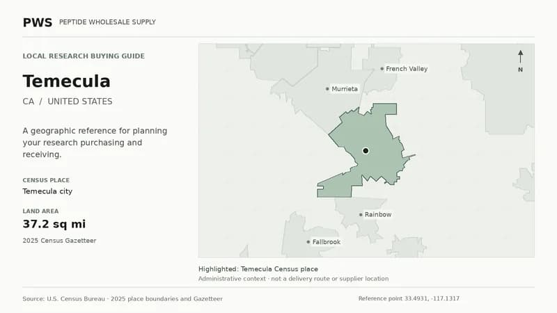 Map of the Temecula city Census place boundary in CA, with nearby Census places for receiving-address planning.