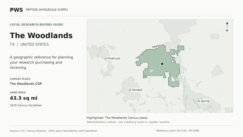 Map of the The Woodlands CDP Census place boundary in TX, with nearby Census places for receiving-address planning.