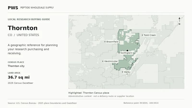 Map of the Thornton city Census place boundary in CO, with nearby Census places for receiving-address planning.