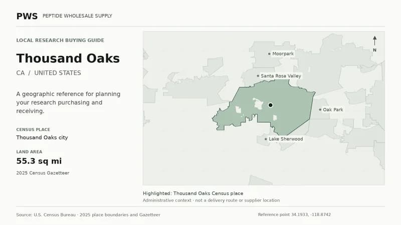 Map of the Thousand Oaks city Census place boundary in CA, with nearby Census places for receiving-address planning.