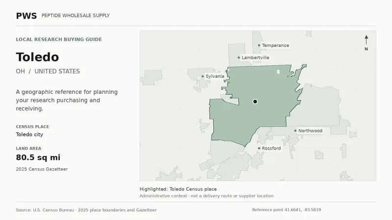 Map of the Toledo city Census place boundary in OH, with nearby Census places for receiving-address planning.
