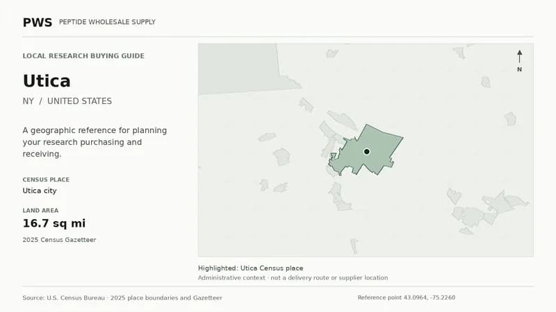Map of the Utica city Census place boundary in NY, with nearby Census places for receiving-address planning.