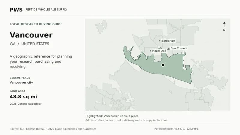 Map of the Vancouver city Census place boundary in WA, with nearby Census places for receiving-address planning.