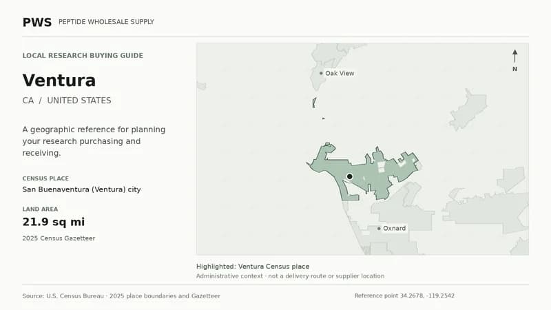 Map of the San Buenaventura (Ventura) city Census place boundary in CA, with nearby Census places for receiving-address planning.