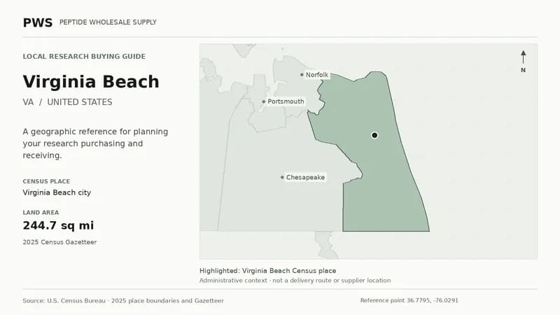 Map of the Virginia Beach city Census place boundary in VA, with nearby Census places for receiving-address planning.