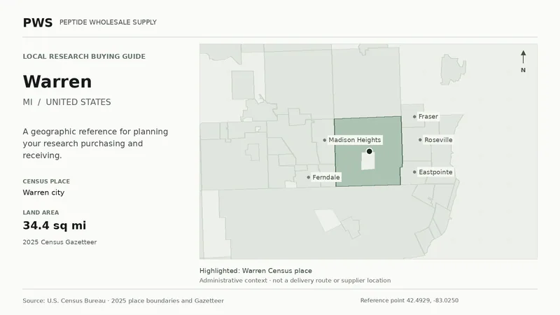 Map of the Warren city Census place boundary in MI, with nearby Census places for receiving-address planning.