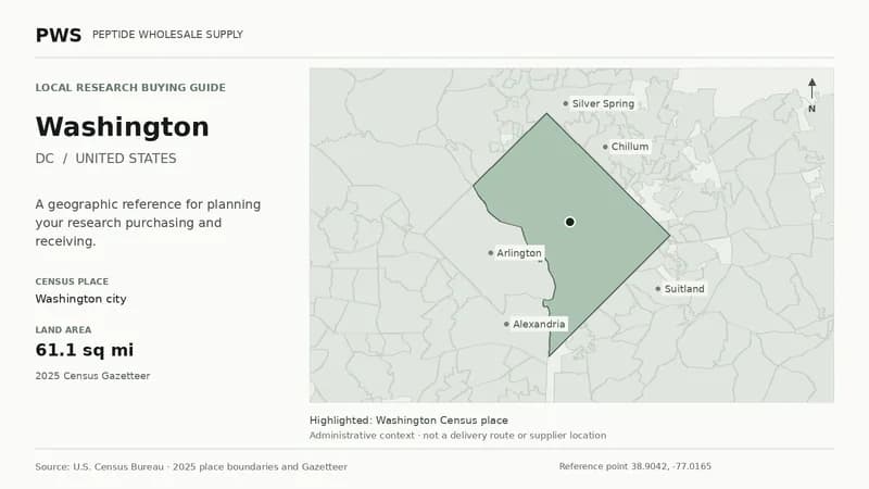 Map of the Washington city Census place boundary in DC, with nearby Census places for receiving-address planning.