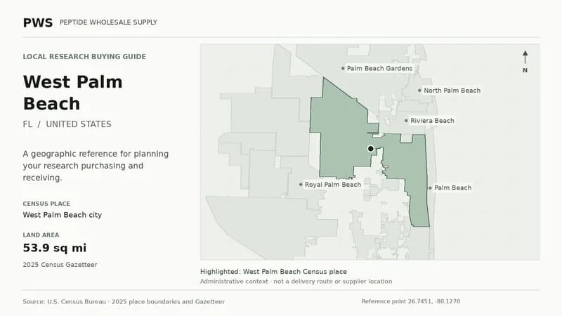 Map of the West Palm Beach city Census place boundary in FL, with nearby Census places for receiving-address planning.