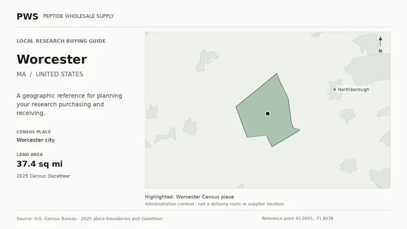 Map of the Worcester city Census place boundary in MA, with nearby Census places for receiving-address planning.