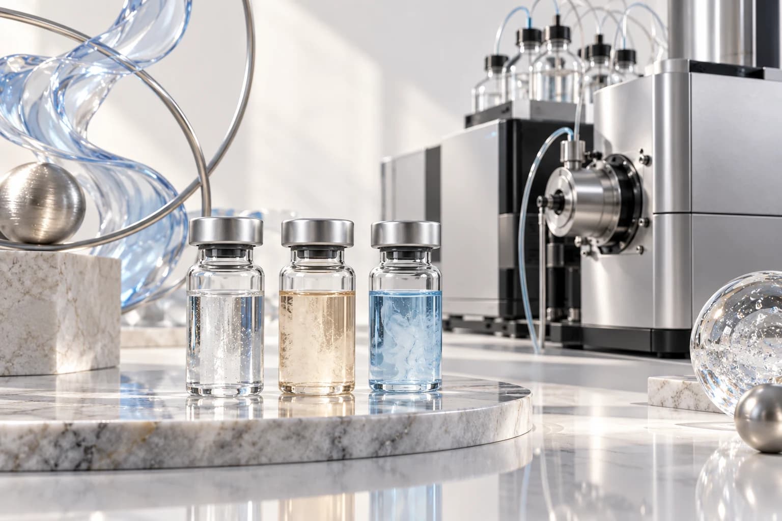 Three sample vials containing different subtly tinted matrices beside silver analytical instrument.