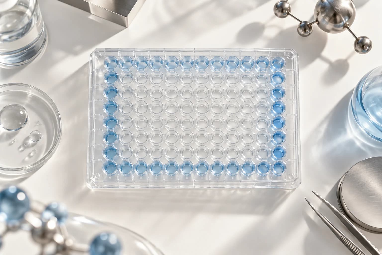 Top-down clear microplate with subtle pale blue perimeter wells and clear central wells.