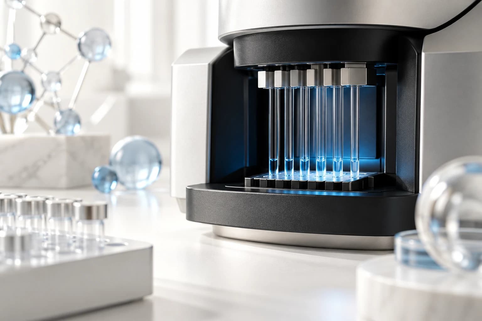 Fine capillary tubes in silver thermophoresis instrument with subtle pale blue illumination.