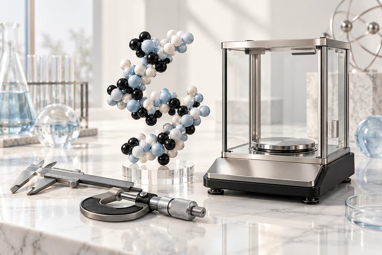 One molecular bead cluster beside precision balance and two measurement tools.